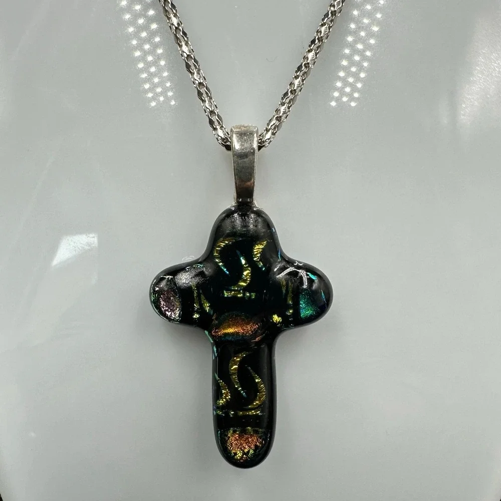 Dichroic Art Glass Cross Pendant‎ Necklace Iridescent Black Gold Teal Christian